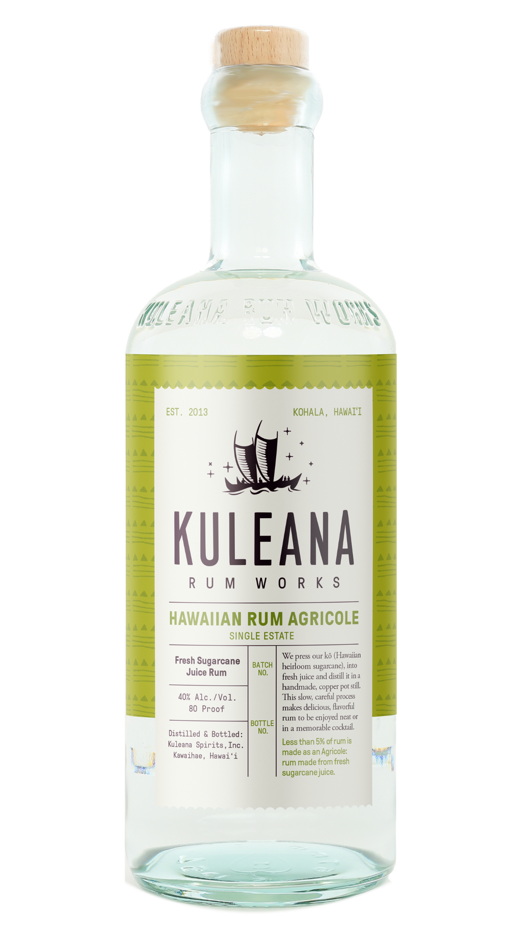 A bottle of Kuleana Rum Works Hawaiian Rum Agricole single stack rum, featuring a light green label with a white center panel and a cork stopper, shown on a white background.