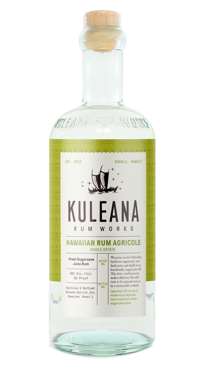 A bottle of Kuleana Rum Works Hawaiian Rum Agricole single stack rum, featuring a light green label with a white center panel and a cork stopper, shown on a white background.