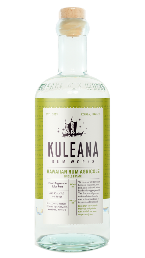 A bottle of Kuleana Rum Works Hawaiian Rum Agricole single stack rum, featuring a light green label with a white center panel and a cork stopper, shown on a white background.