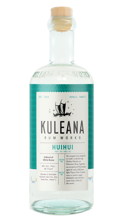 A bottle of Kuleana Rum Works Huihui rum on a plain white background. The clear glass bottle features a light wood cork stopper and a label with a teal background and a white central panel containing black text.
