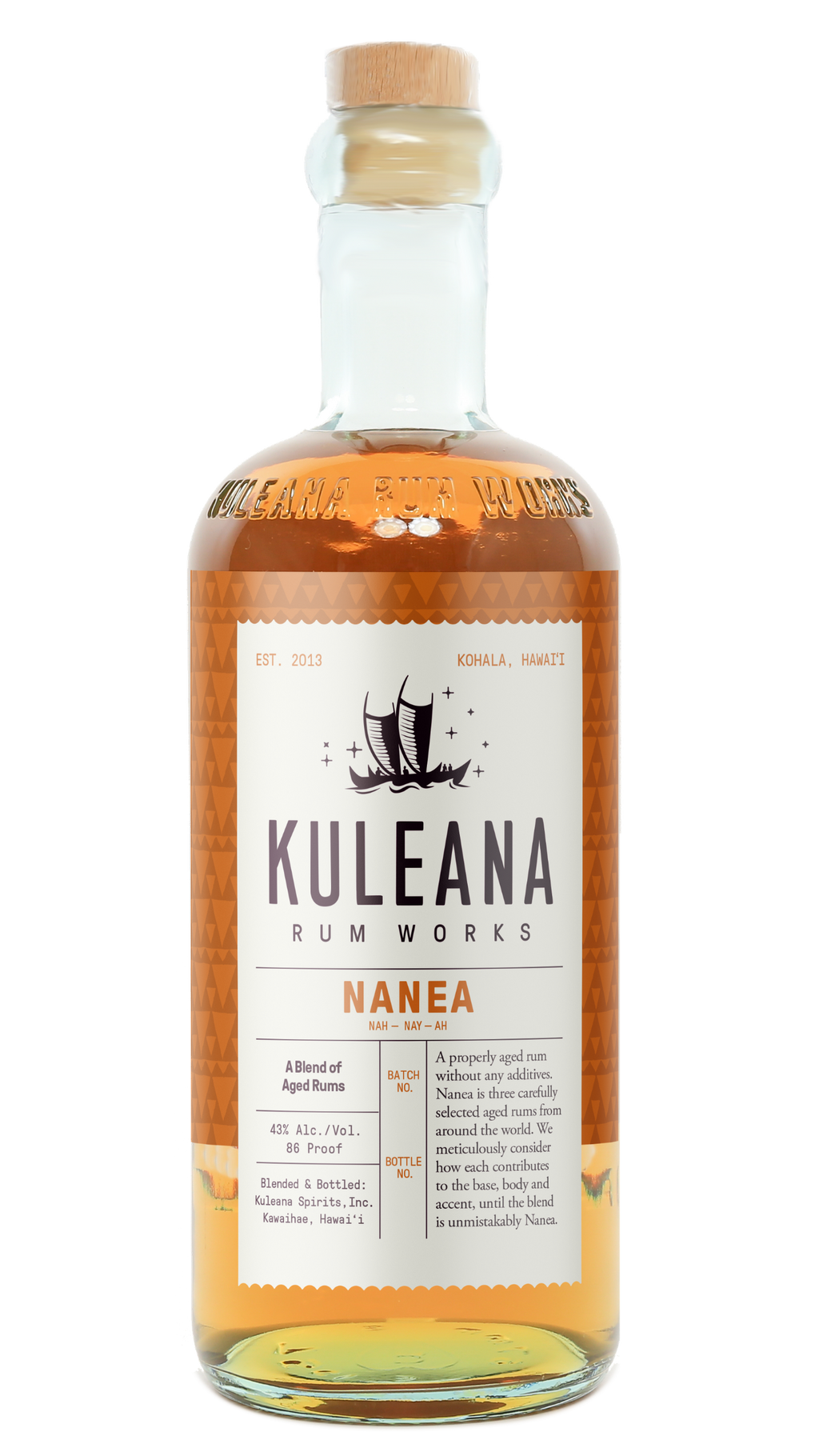 A bottle of Kuleana Rum Works Nanea rum with amber liquid, a white label, and a cork stopper, shown on a plain white background.